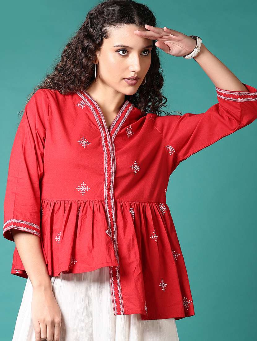 women red embroidered v neck asymmetric top