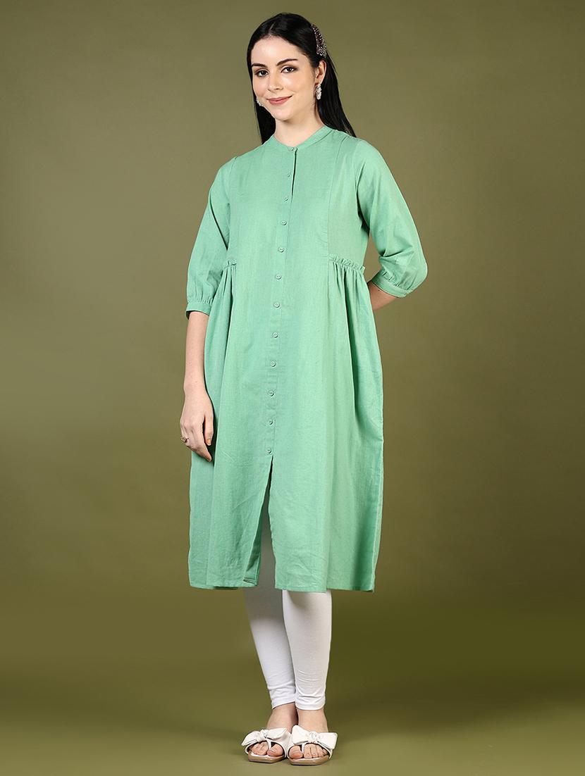 women solid puff sleeves a-line kurta - 21697630 - Standard Image - 1