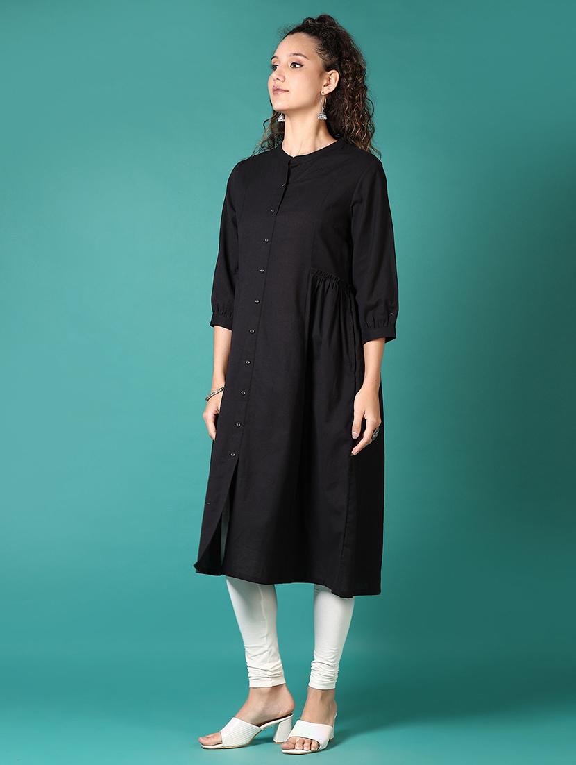 women solid three quarter sleeve a-line kurta - 21697631 -  Standard Image - 1
