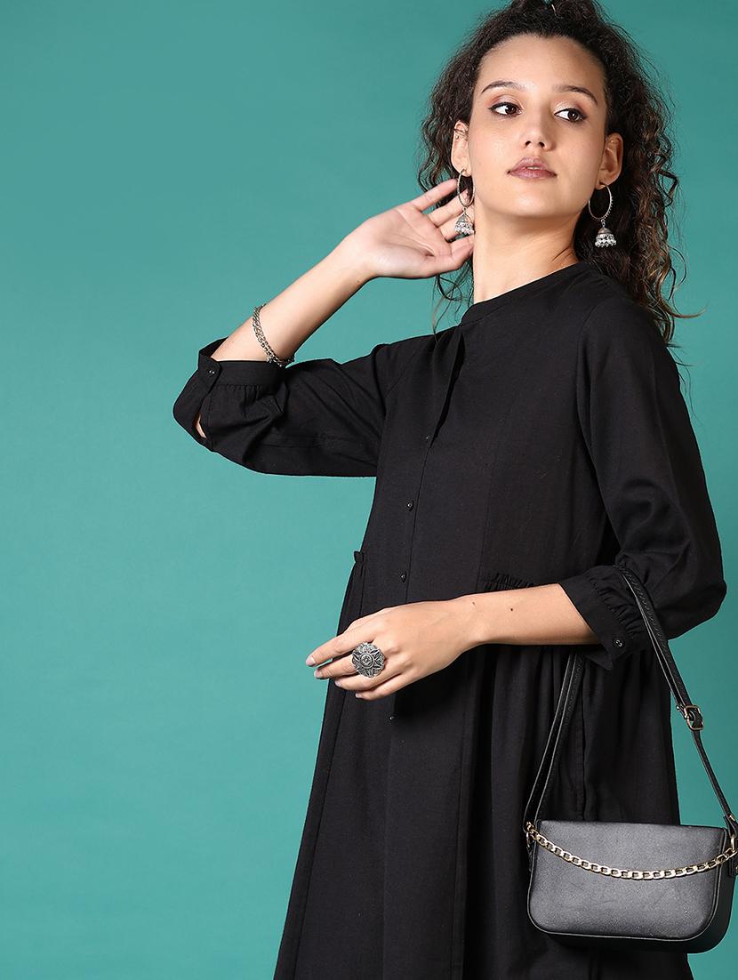 women solid three quarter sleeve a-line kurta - 21697631 - Standard Image - 4