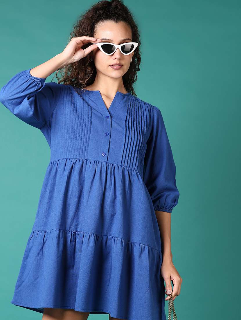 women blue solid v neck tiered dress - 21697634 - Standard Image - 4