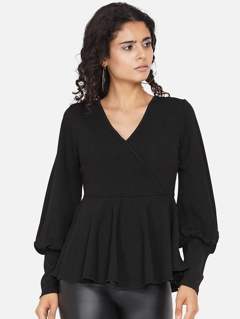 women solid bishop sleeves peplum top