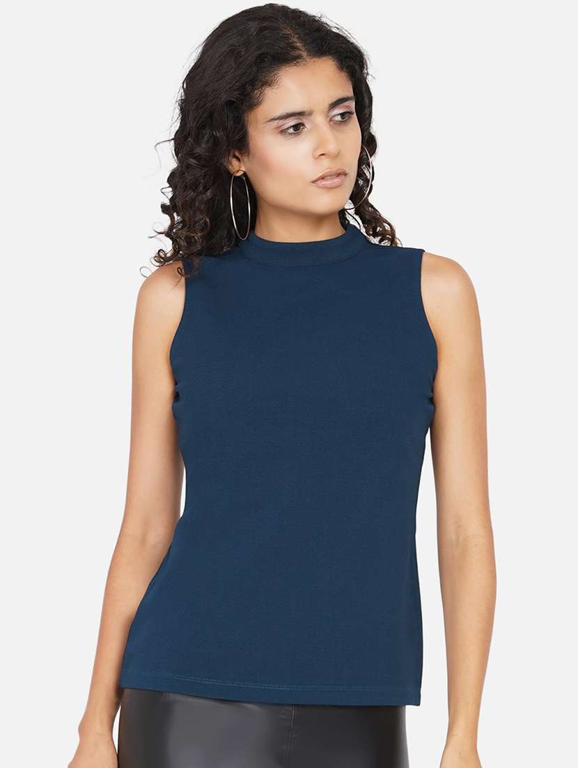 women solid mock neck sleevelss regular top