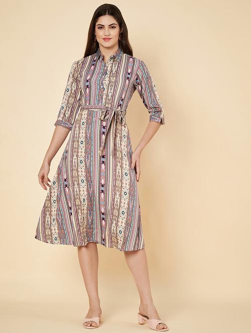 women printed collared long sleeves a-line dress - 21697925 - Standard Image - 0