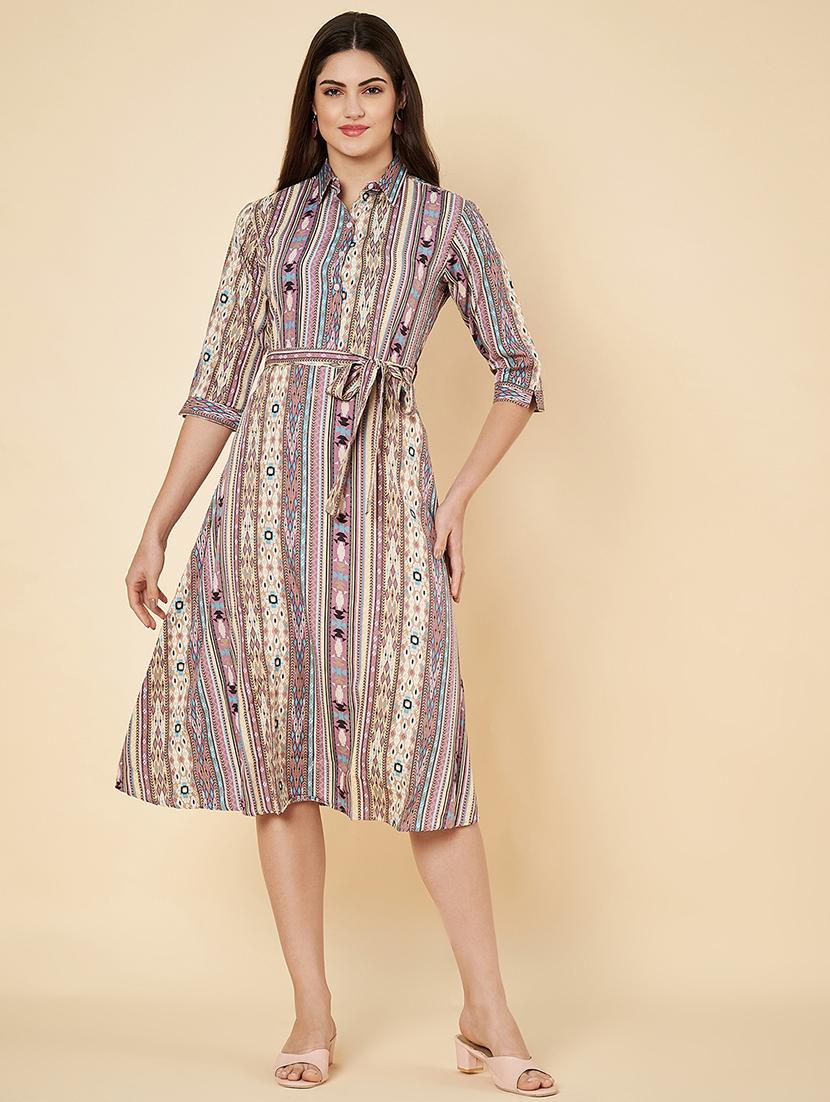 women printed collared long sleeves a-line dress - 21697925 - Zoom Image - 0