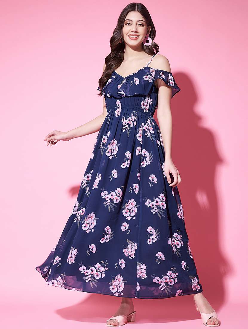 women floral print shoulder strap fit & flared dress