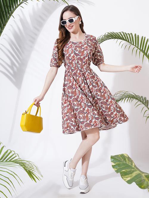 women printed puff sleeves fit & flare dress - 21697931 - Standard Image - 0