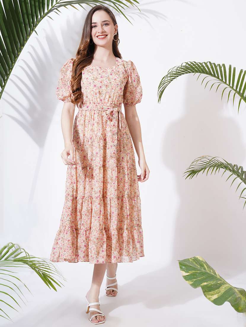 women printed puff sleeves tiered dress