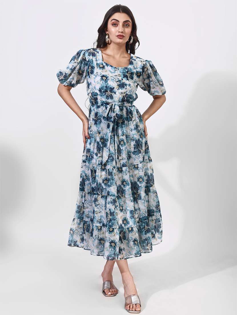 women floral print puff sleeves tiered dress