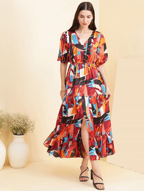 women printed puff sleeves tiered dress - 21697937 -  Standard Image - 0