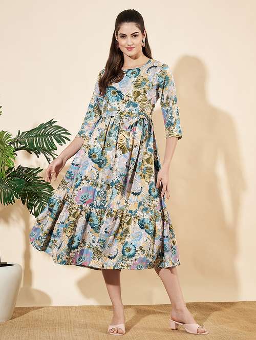 women floral print round neck tiered dress - 21697941 - Standard Image - 0