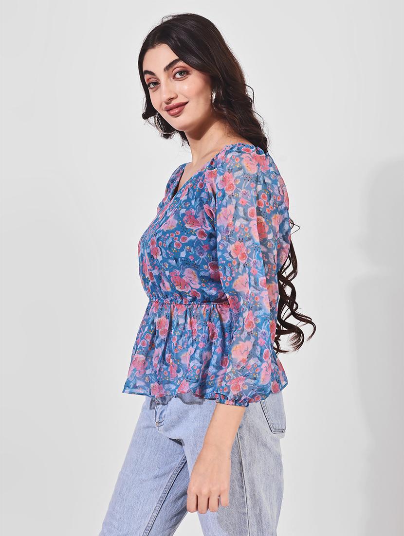 women floral printed puff sleeve peplum top - 21697977 -  Standard Image - 1