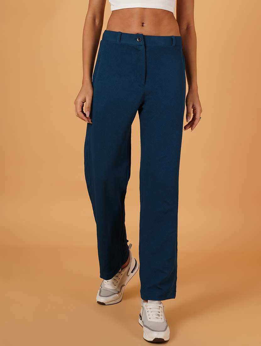 women solid full length flat front trousers