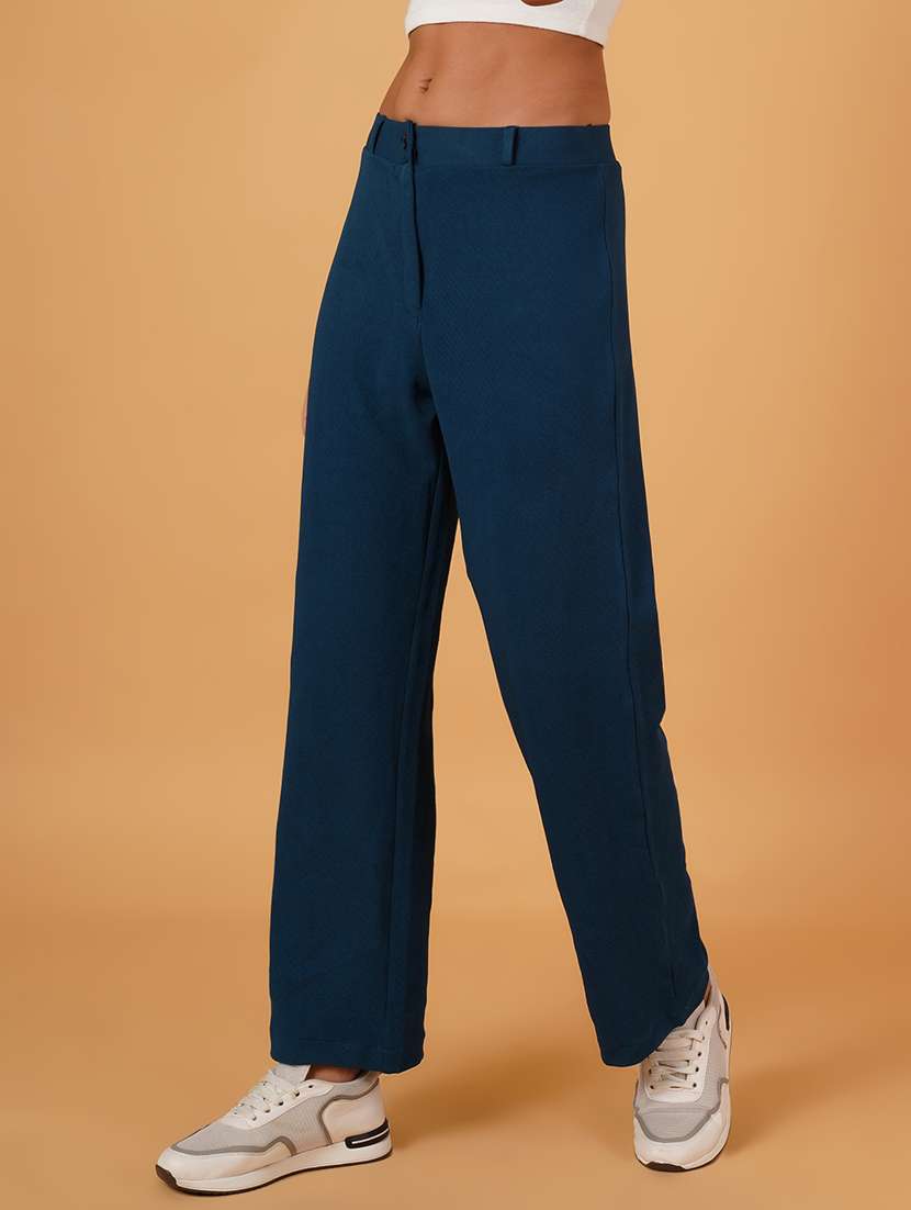 women solid full length flat front trousers - 21697985 -  Standard Image - 1
