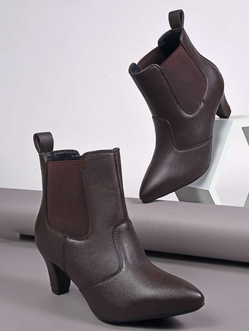 women brown solid ankle boots