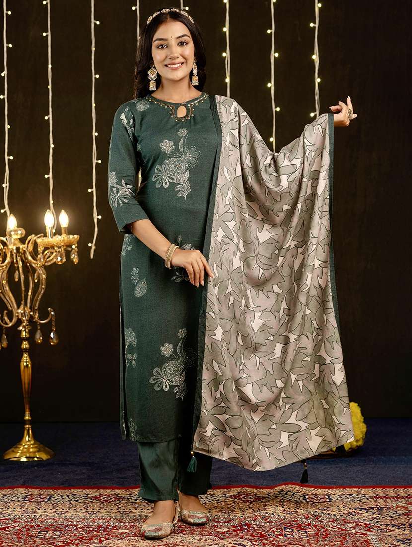 women floral printed key hole neck suit set