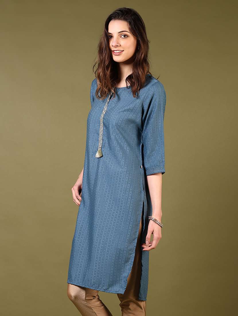 women round neck self design straight kurta - 21698852 -  Standard Image - 1