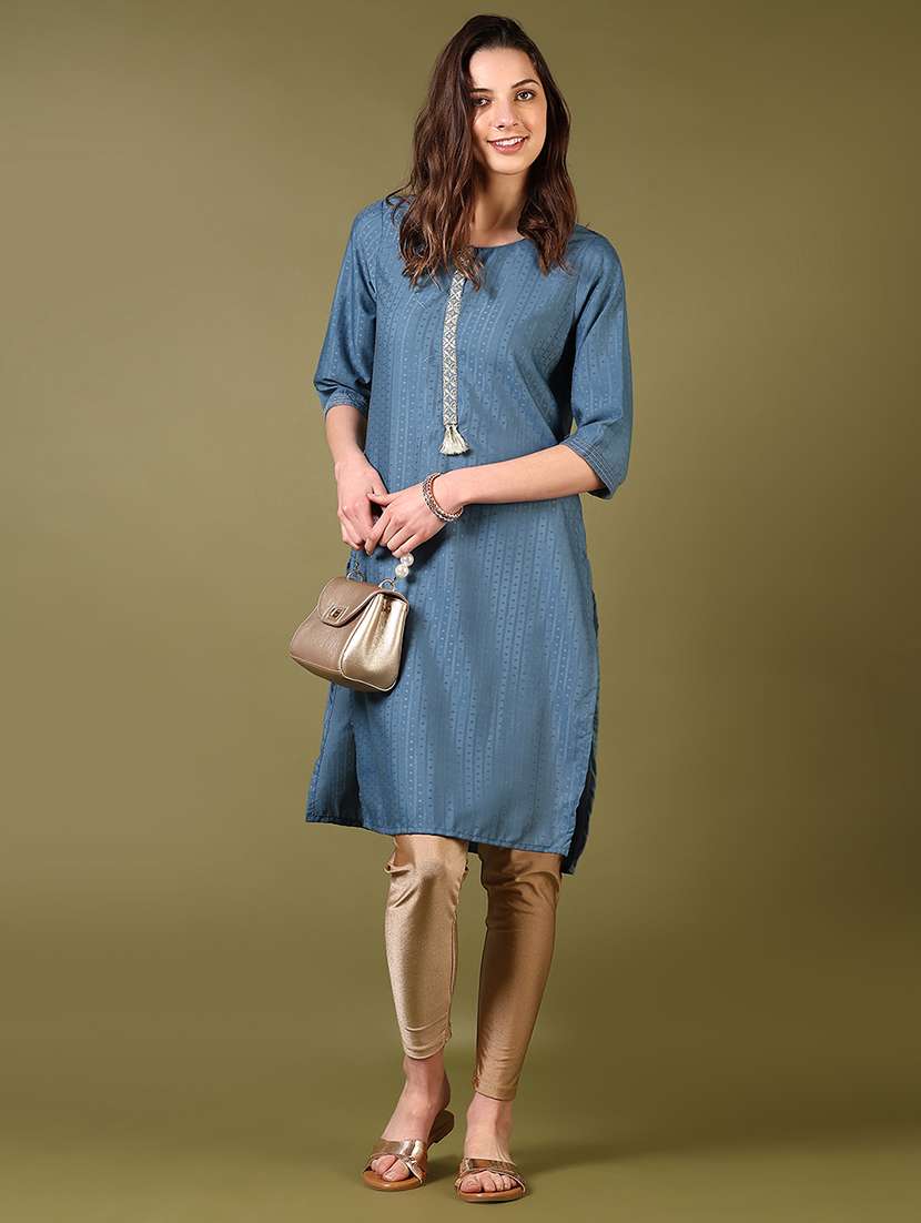 women round neck self design straight kurta - 21698852 -  Standard Image - 4