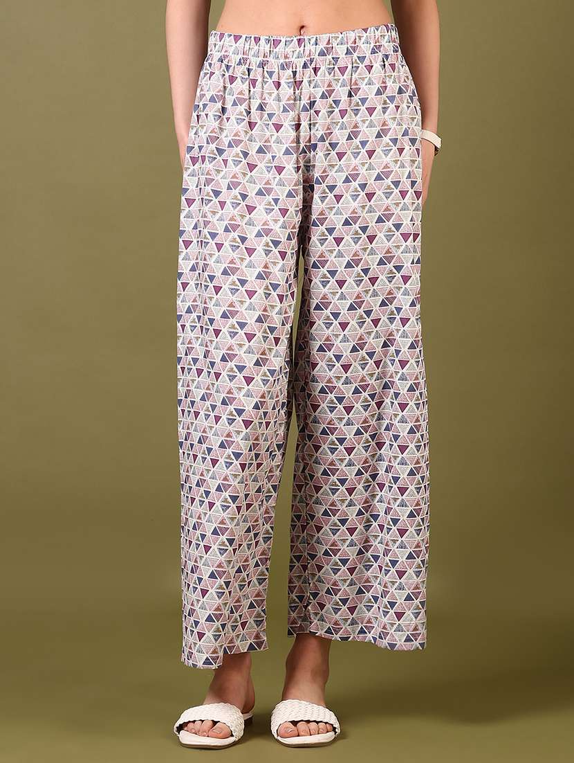 women purple printed mid rise straight palazzo