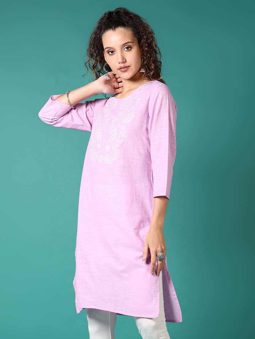 women embroidered three quarter sleeve straight kurta - 21698899 - Standard Image - 1