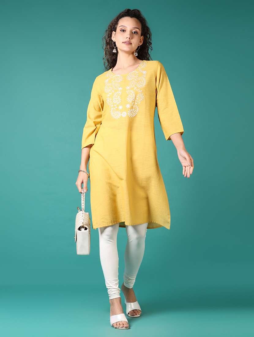 women embroidered three quarter sleeve straight kurta