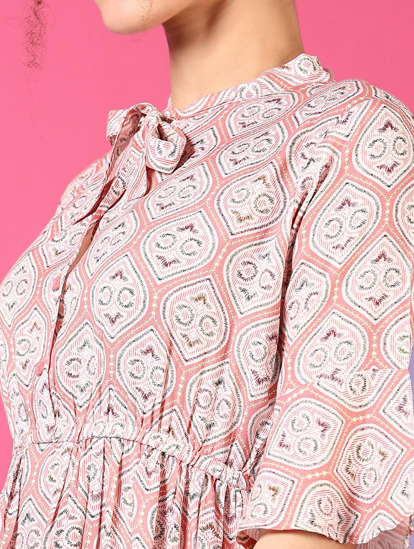 women peach printed elbow sleeve fit & flare dress - 21698901 - Standard Image - 4