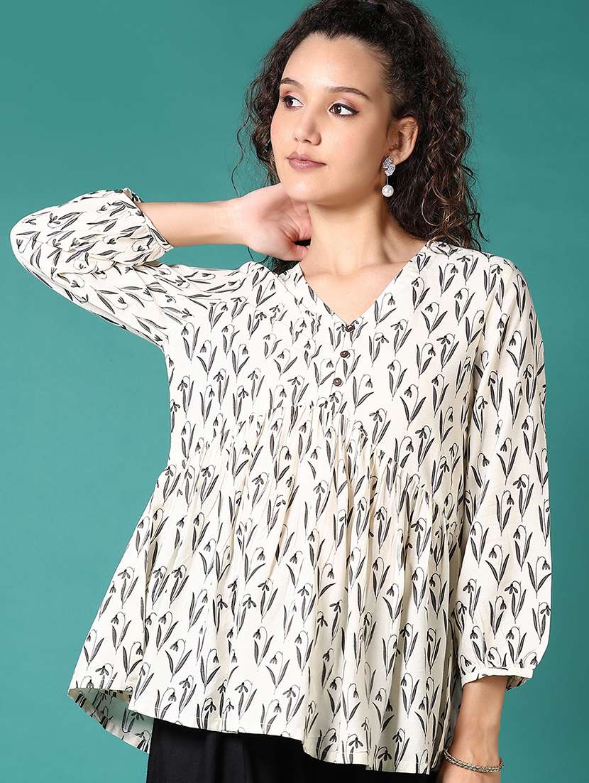 women off white printed v neck flared kurti - 21698909 -  Standard Image - 1