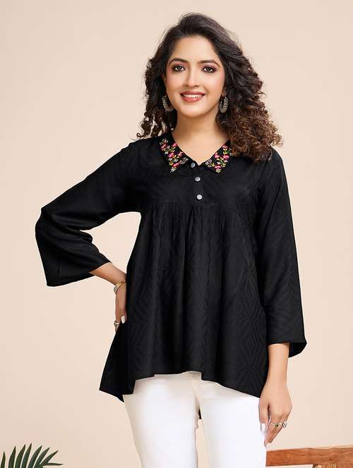 women embroidered three quarter sleeves a-line top