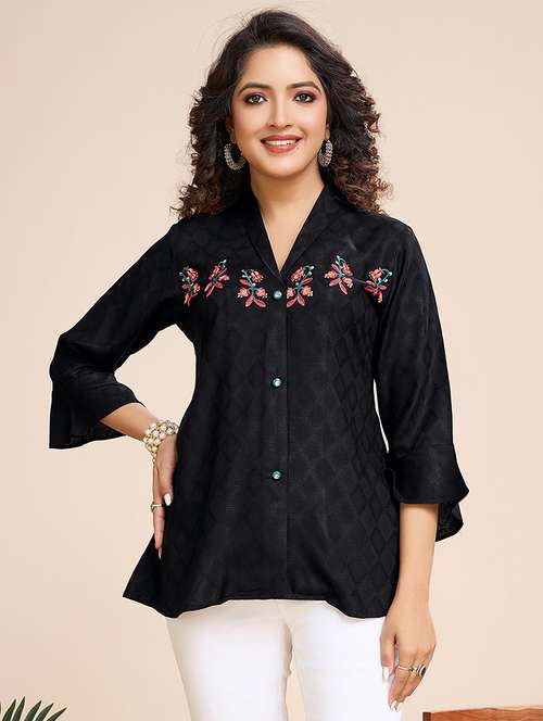 women embroidered three quarter sleeves a-line top