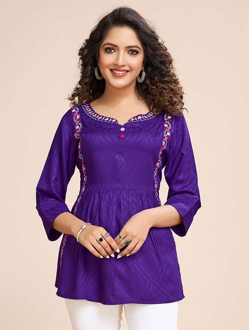 women embroidered three quarter sleeves a-line top - 21699000 - Standard Image - 0
