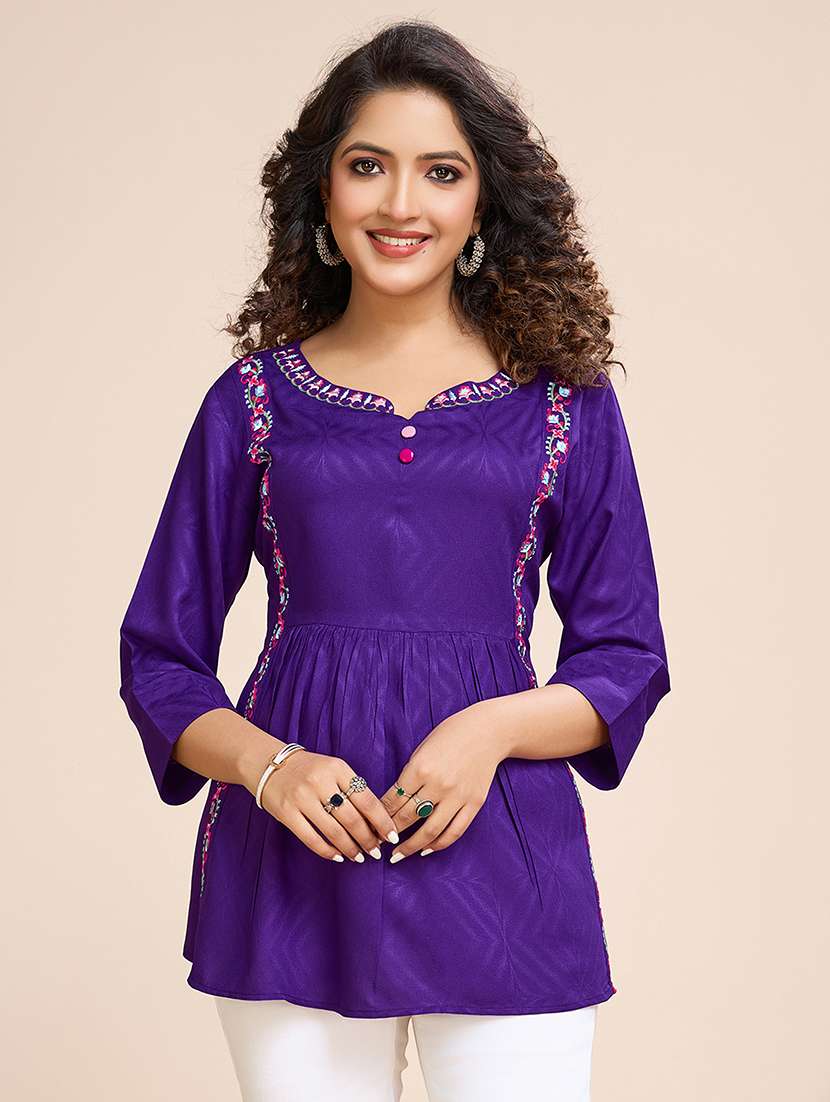 women embroidered three quarter sleeves a-line top - 21699000 - Zoom Image - 0