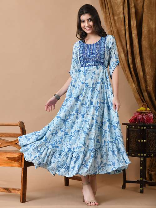 women blue embroidered tiered ethnic dress - 21699022 -  Standard Image - 0