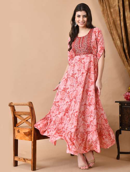 women pink floral embroidered tiered ethnic dress - 21699026 - Standard Image - 0