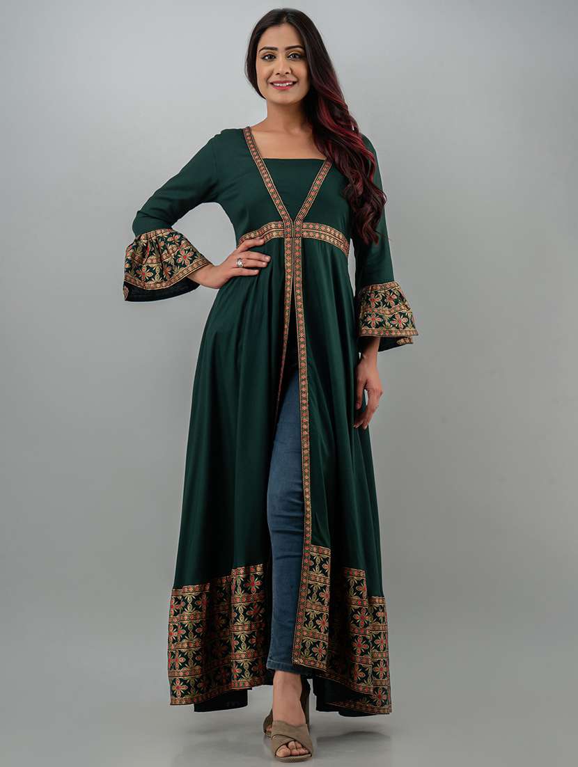 women bell sleeves foil printed front slit kurta