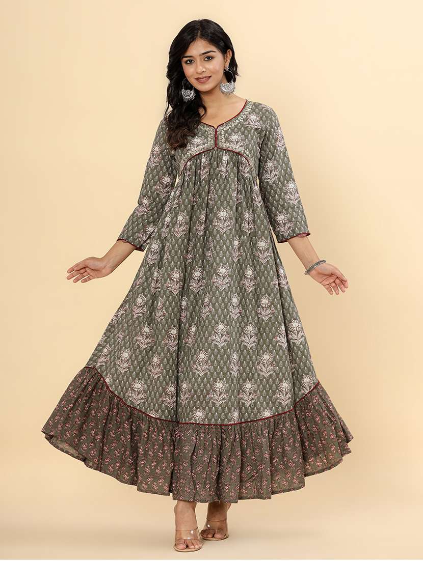 women grey floral printed anarkali ethnic dress