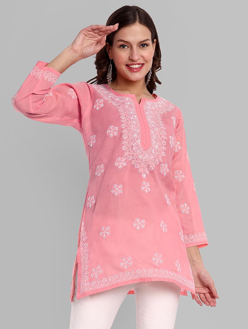 women notch neck chikankari work straight kurti - 21699220 - Zoom Image - 0