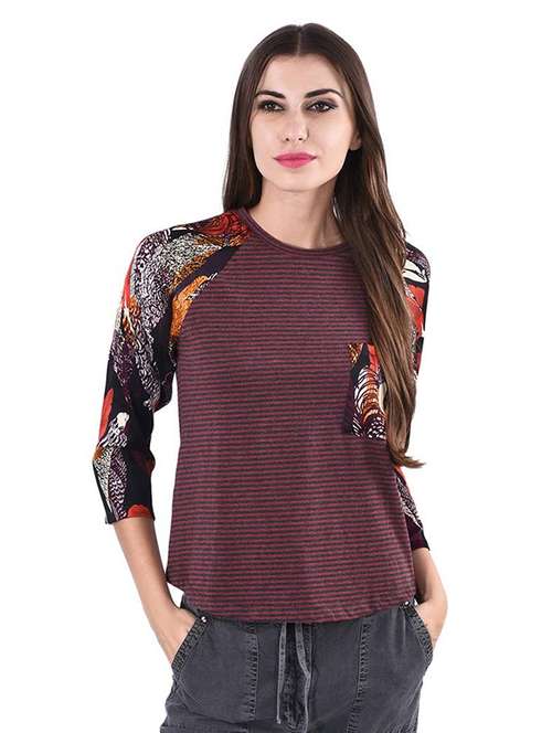 women stripes printed round neck t-shirt - 21699611 -  Standard Image - 0