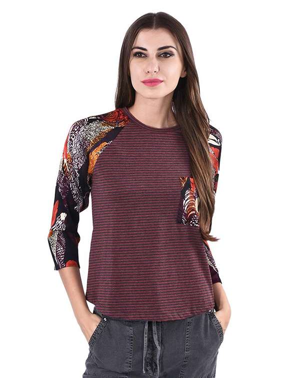 women stripes printed round neck t-shirt - 21699611 -  Zoom Image - 0