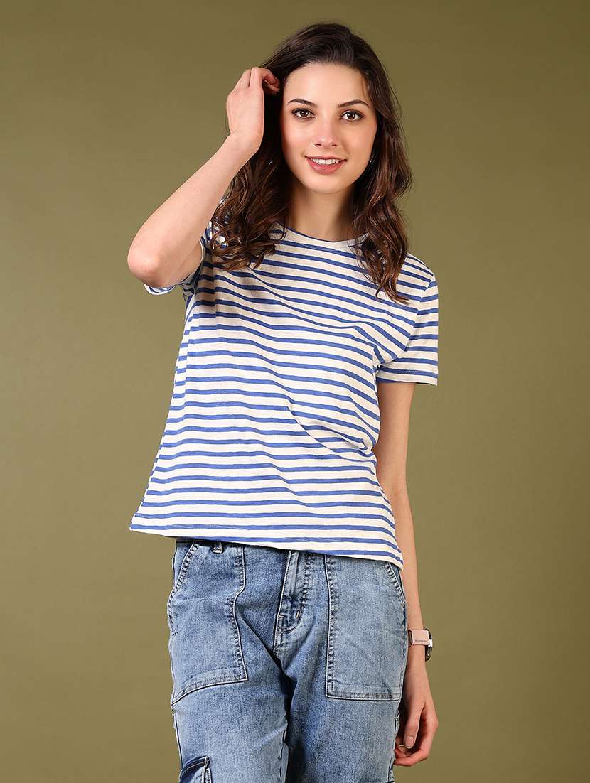 women blue striped short sleeve t-shirt