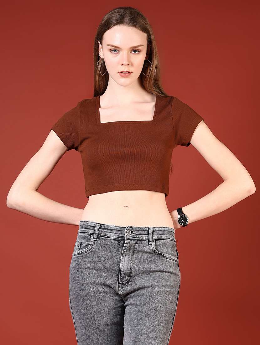 women solid square neck slim fit crop top - 21699986 -  Standard Image - 1