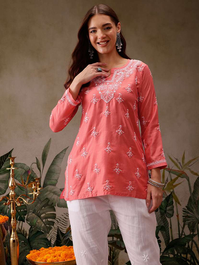women notch neck chikankari work straight kurti - 21700074 -  Zoom Image - 0