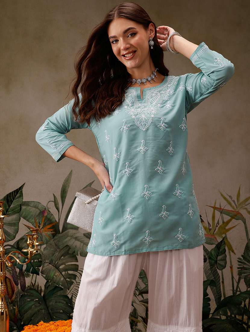 women notch neck chikankari work straight kurti