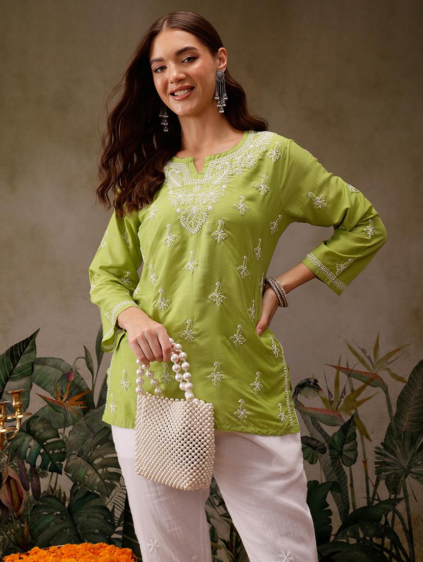 women notch neck chikankari work straight kurti - 21700078 - Standard Image - 1