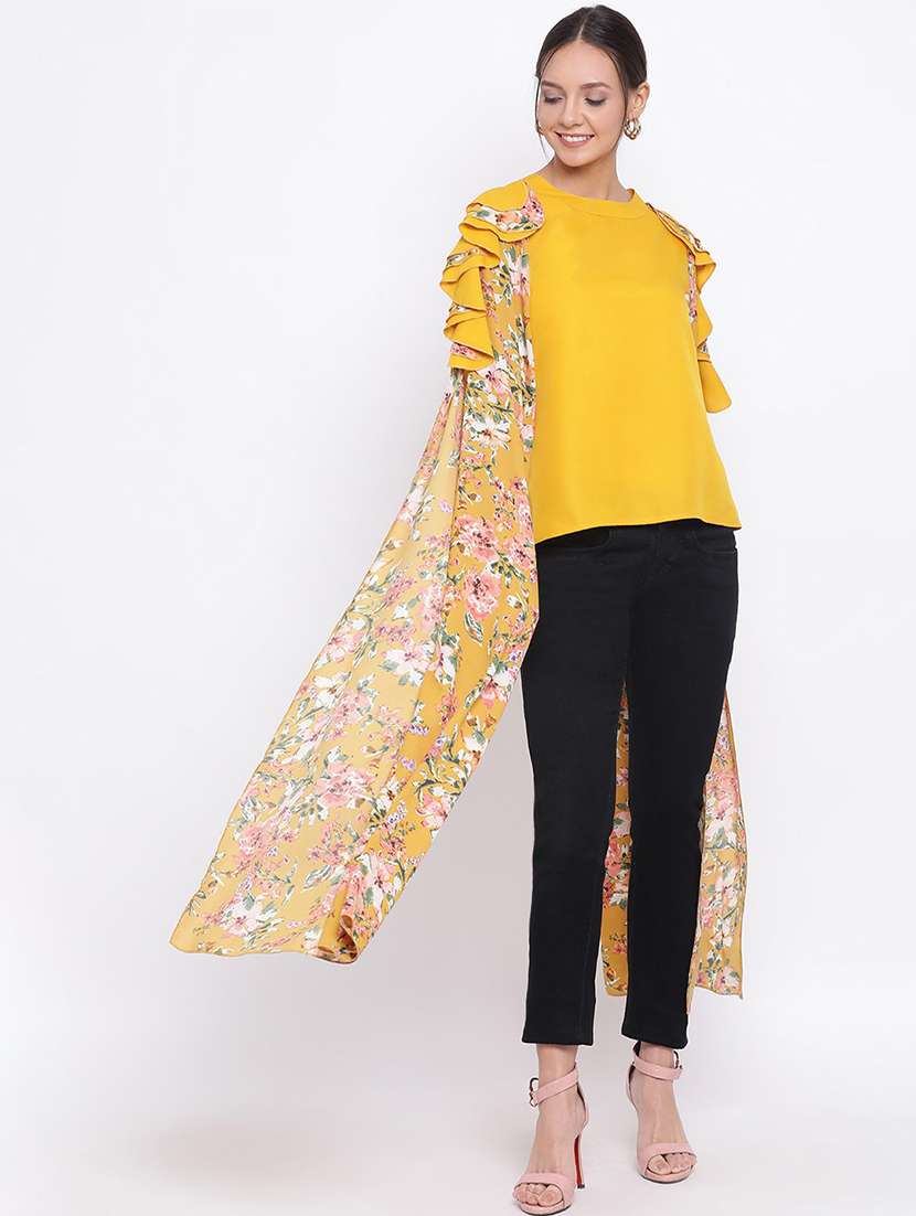 women yellow floral slit sleeve top