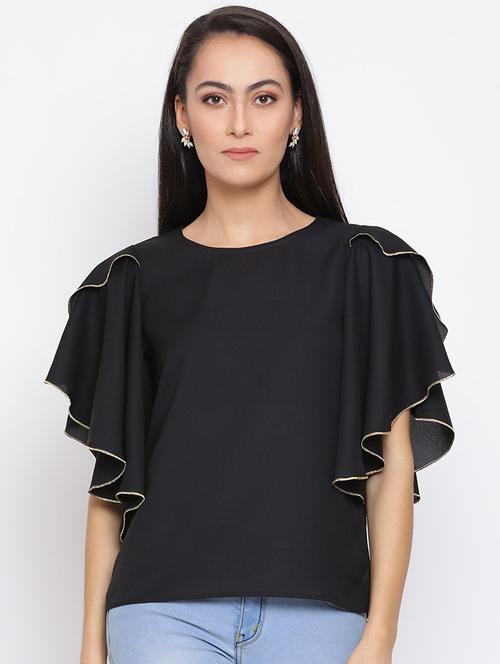 women black solid ruffle sleeve top - 21700101 - Standard Image - 0