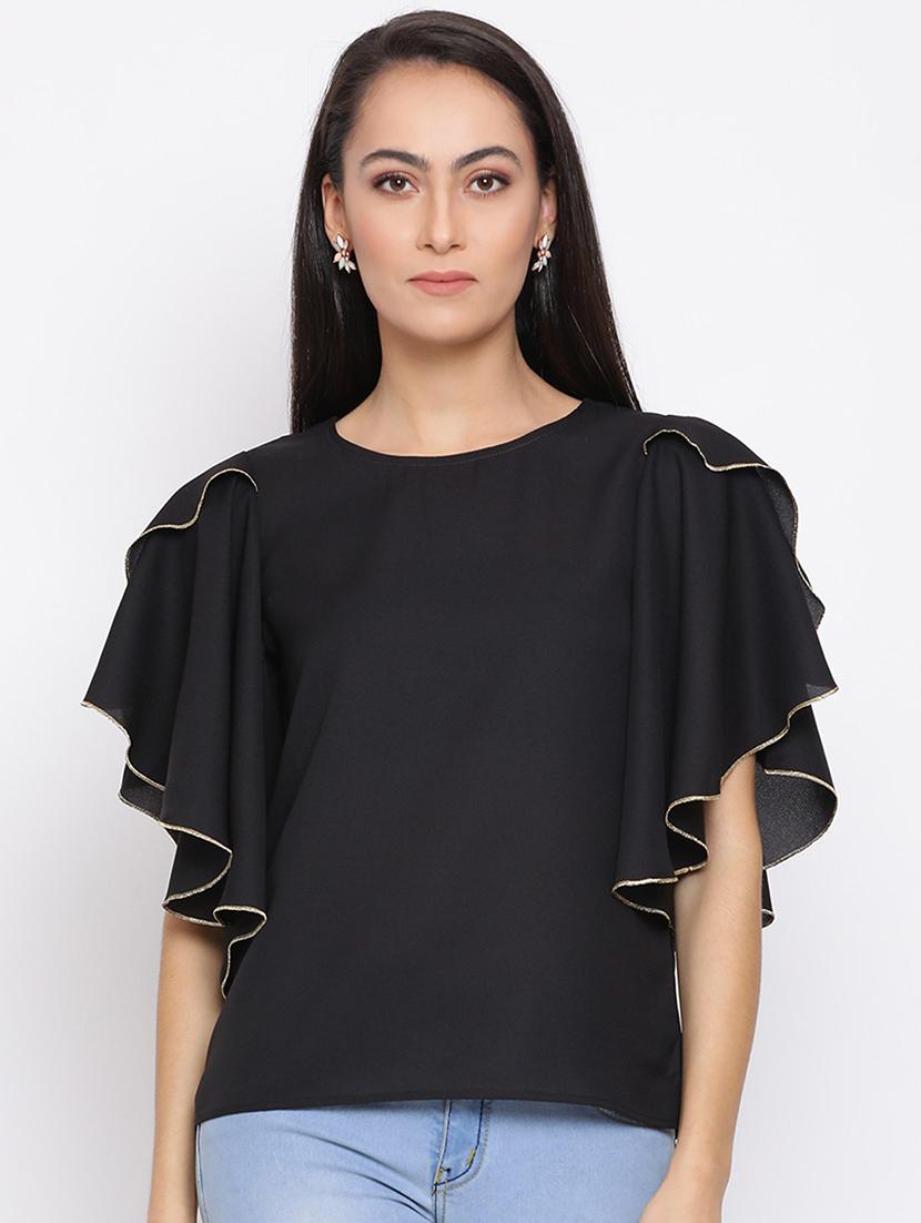 women black solid ruffle sleeve top - 21700101 - Zoom Image - 0