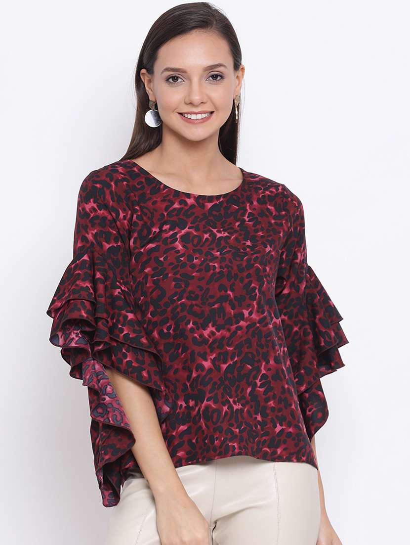 women maroon animal print ruffle sleeve top