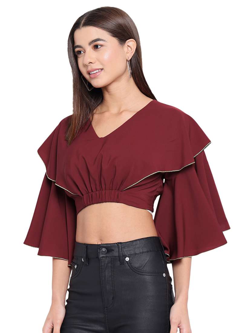women maroon solid v neck crop top - 21700104 -  Standard Image - 1