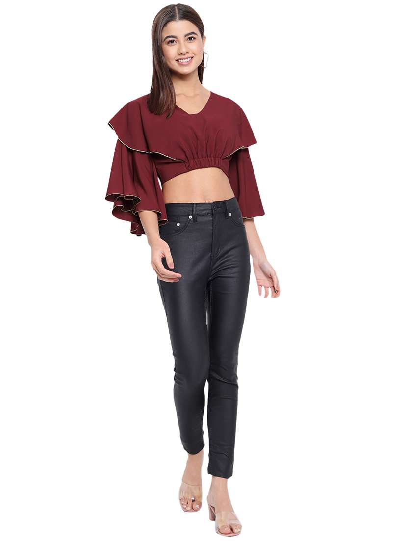 women maroon solid v neck crop top - 21700104 -  Standard Image - 4