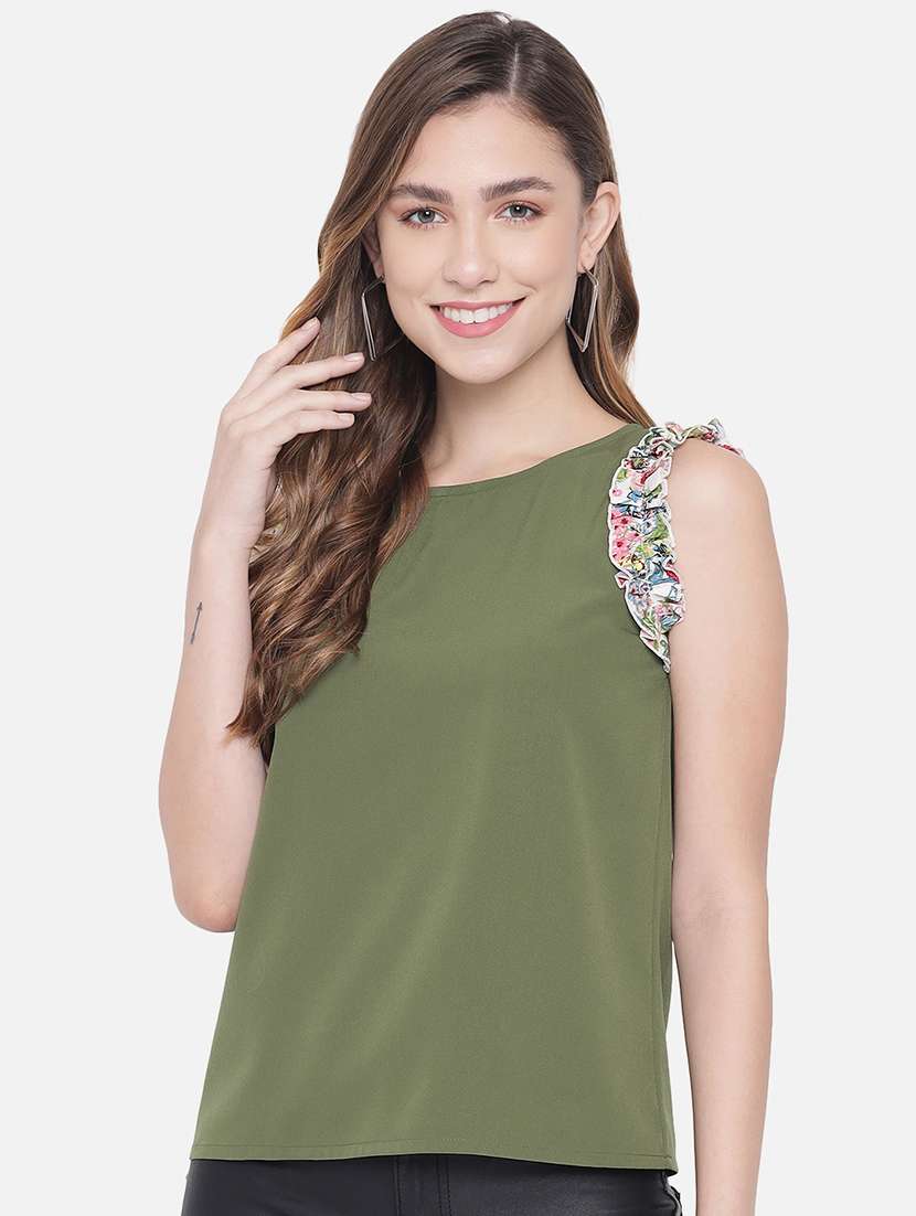 women olive solid sleeveless top